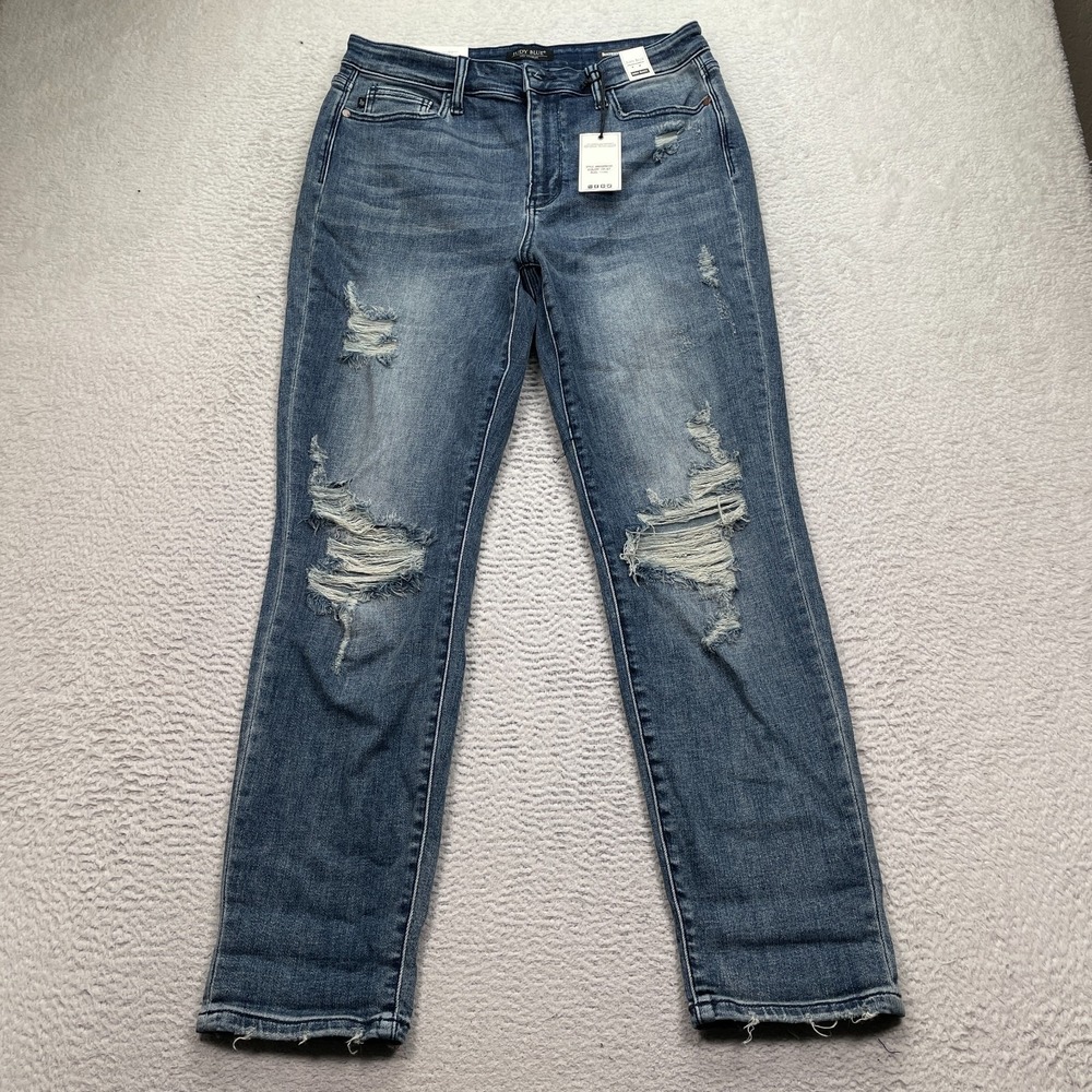 NEW Judy Blue Jeans Size 11/30 (FITS 32x30) High Waist Boyfriend Fit Distressed